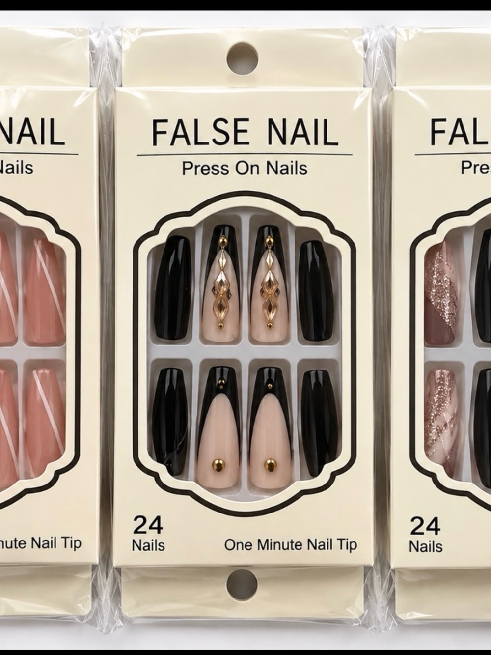 False Nail Press-On Nails - Black & Nude Accent with Gold Studs 3 packs